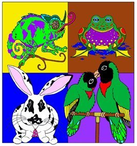 Logo for the Avian and Exotic Clinic of Monterey featuring a lizard, frog, rabbit, and two birds