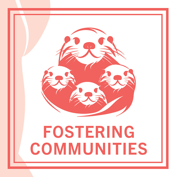 Whit background with red border, vector image of four otters close together in red, text underneath stating 