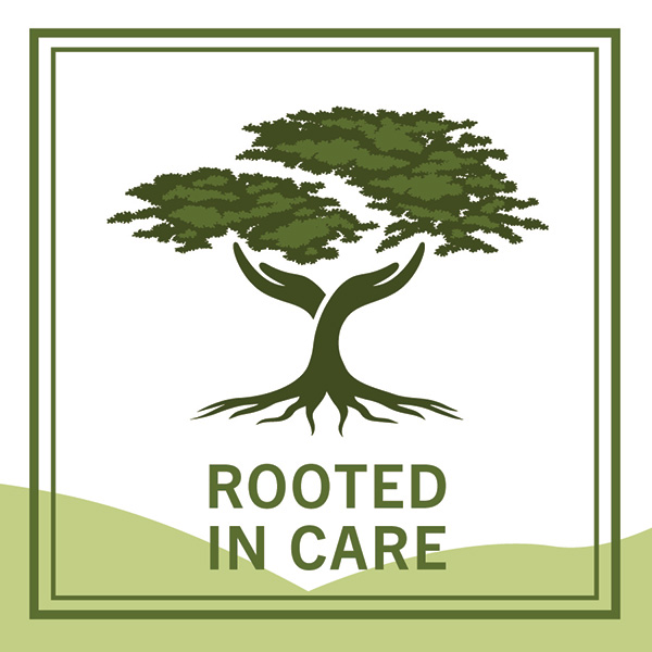 White background with dark green border, Cyprus tree shape with roots and the trunk morphed into hands, text underneath that states 