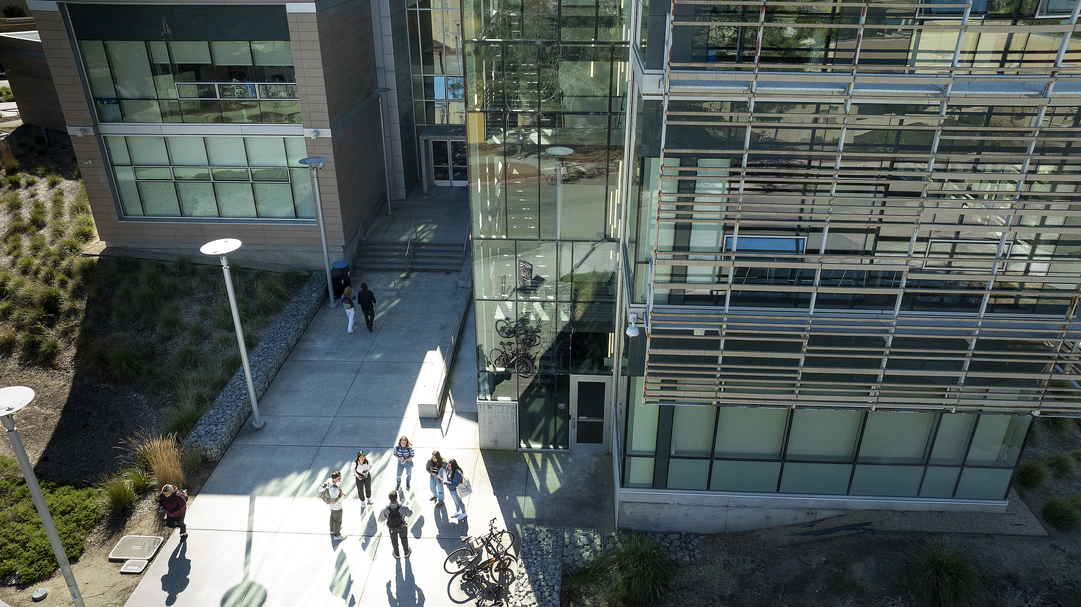 Overhead shot of students outside the business building