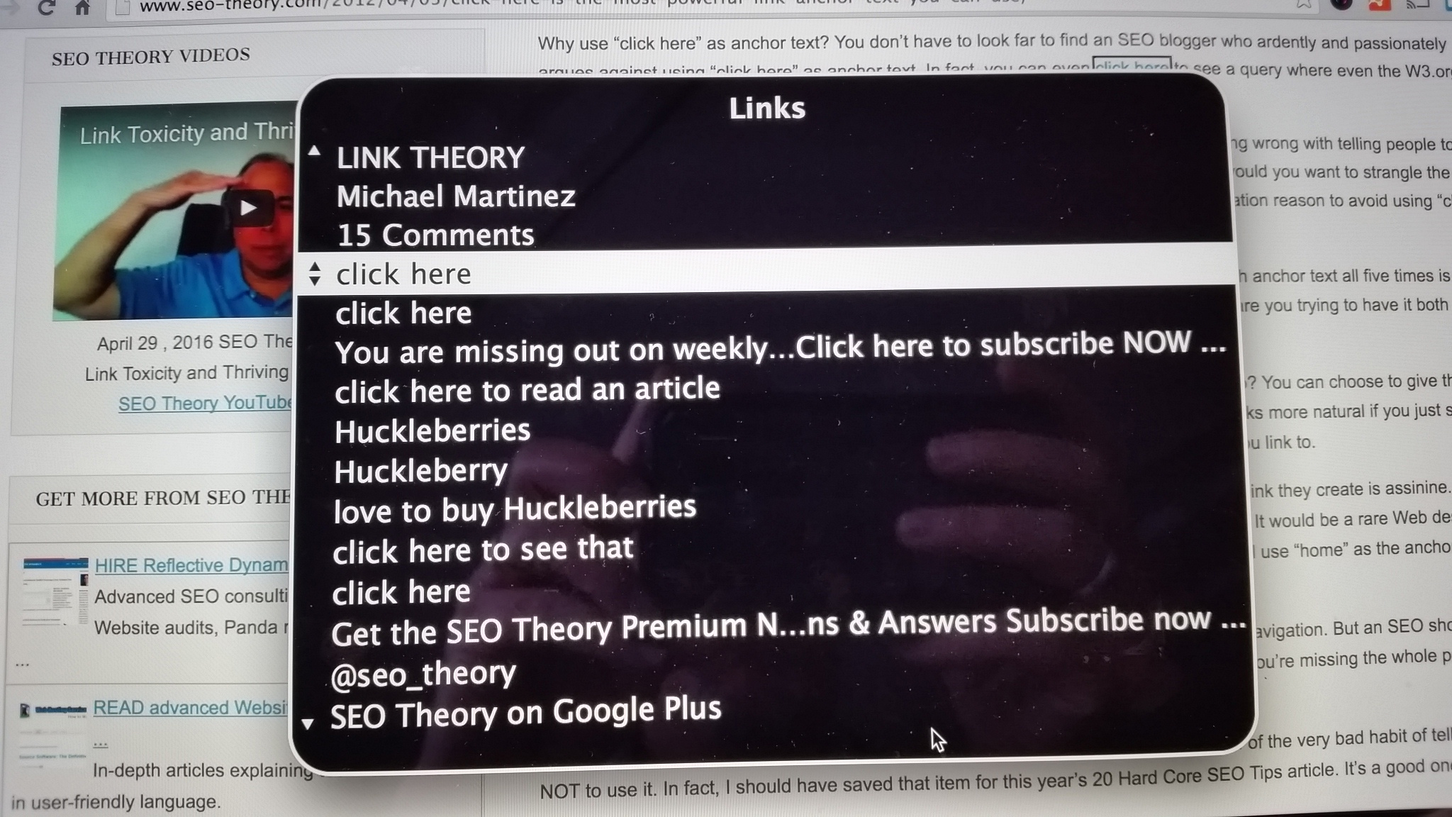 Screenshot of screen reader viewing links